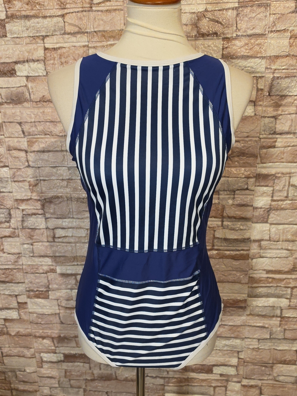 Amazon Blue White Striped One-Piece Swim